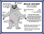 anthro arms_outstretched black_nose blue_sclera brown_eyes fur genitals grey_body grey_fur half-closed_eyes humanoid_genitalia humanoid_penis male narrowed_eyes nude open_mouth penis pink_penis smile solo speech_bubble teeth_showing text white_body white_fur brucebadger bruce_(brucebadger) badger mammal mustelid musteline english_text model_sheet