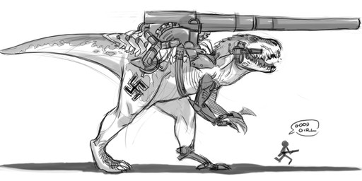 armor cannon cybernetic_arm cybernetic_leg cybernetic_limb cybernetics duo fangs female feral gatling_gun good_girl gun machine machine_gun nazi open_mouth praise ranged_weapon shadow side_view simple_background speech_bubble swastika teeth walking weapon white_background zummeng dino_d-day cyborg dinosaur human mammal prehistoric_species reptile saurischian scalie theropod tyrannosaurid tyrannosauroid tyrannosaurus tyrannosaurus_rex 2013 monochrome