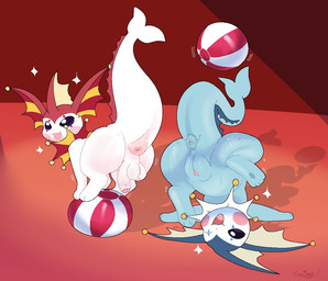 alternate_color anus balancing ball blue_body butt clown_makeup duo female feral genitals humanoid_genitalia humanoid_penis juggling light looking_at_viewer looking_back looking_back_at_viewer male one_eye_closed open_mouth pawpads penis performing pink_body presenting presenting_hindquarters raised_tail red_background simple_background sparkles standing_on_object tail tail_anus tongue tongue_out upside_down vulva snazzle_snapp nintendo pokemon eeveelution generation_1_pokemon pokemon_(species) vaporeon lighting