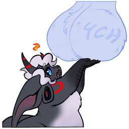 ambiguous_gender anthro balls belly big_ears black_body black_fur black_nose black_sclera blue_eyes blush duo ear_piercing fur gauged_ear genitals grey_body grey_fur grey_hair hair horn looking_at_balls looking_at_genitalia looking_up_at_another male markings micro open_mouth piercing raised_arms red_markings size_difference slightly_chubby slightly_chubby_anthro slightly_chubby_male nuregator anon viseryn_(nuregator) imp 1:1 2026 digital_drawing_(artwork) digital_media_(artwork) hi_res