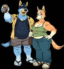 5_toes anthro beverage black_background blue_body blue_fur bottomwear breasts cleavage clothed clothing duo feet female footwear fur hand_on_hip humanoid_feet male plantigrade purse root_beer sandals shirt shoes shorts simple_background soda tan_body tan_fur tank_top tear_trough toes topwear silverscarf a&w bluey_(series) bandit_heeler chilli_heeler australian_cattle_dog canid canine canis cattledog domestic_dog herding_dog mammal pastoral_dog