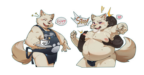 anthro apron belly blush bulge clothing container cup duo fur grope groping_from_behind kemono male male/male navel nipple_fetish nipple_pinch nipple_play nipples one_eye_closed overweight overweight_male pinch sexual_harassment tea_cup text thong underwear waiter white_body white_fur wink working kisort canid canine canis domestic_dog mammal absurd_res english_text hi_res