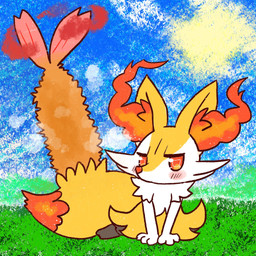 ambiguous_anthro ambiguous_gender anthro biped blush digitigrade dipstick_tail dynamax_clouds food front_view grass leaning leaning_forward looking_at_viewer markings object_in_tail outside plant shrimp_(food) sitting snout solo sun tail tail_markings wariza annyui0611 nintendo pokemon braixen canid generation_6_pokemon mammal pokemon_(species) 1:1 2022 digital_drawing_(artwork) digital_media_(artwork) full-length_portrait hi_res japanese_description portrait translated_description