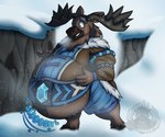 anthro antlers belly belly_lift big_belly bloated blue_eyes brown_body brown_fur clothing diamond_(gem) fur gem holding_belly horn huge_belly hyper hyper_belly male obese obese_anthro obese_male overweight overweight_anthro overweight_male snow solo tight_clothing weight_gain winter_clothing averydraws wizard101 tarrak_hadfield deer mammal moose new_world_deer hi_res