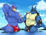 aircraft airplane anthro blue_body blue_fur bulge city clothing destruction detailed_bulge duo fur green_eyes jet macro male male/male muscular muscular_male red_eyes sea ship speedo swimwear tail vehicle water watercraft croiyan nintendo pokemon star_fox falco_lombardi avian bird canid canine generation_4_pokemon lucario mammal pokemon_(species) 4:3 absurd_res hi_res