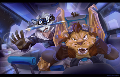 anthro back_wings brown_clothing brown_gloves brown_handwear clothing cockpit duo eyewear eyewear_on_head gloves goggles goggles_on_head handwear male spacecraft vehicle wings worried_look green-nightingale casandro fokker_(raccoon) felid lion mammal pantherine procyonid raccoon