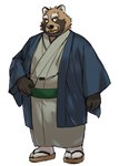 anthro asian_clothing brown_body clothing east_asian_clothing facial_hair footwear humanoid_hands japanese_clothing kemono male mustache sandals shoes simple_background solo white_background amamiya canid canine mammal raccoon_dog tanuki 2023