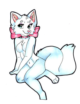 anthro blue_eyes bow_ribbon clothing eyeshadow eyeshadow_makeup female feminine_pose fluffy fluffy_ears fluffy_tail fur head_tuft looking_at_viewer makeup pink_clothing pink_ears pink_nose pose purple_eyeshadow seducing_viewer seductive simple_coloring tail tuft white_body white_fur stellakittyart canid canine mammal absurd_res hi_res pinup traditional_media_(artwork)