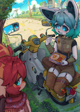 anthro arm_wraps black_sclera black_undershirt blue_eyes blue_hair blue_tongue blush blush_lines bottomwear brown_bottomwear brown_clothing brown_shorts brown_topwear clothing cropped_jacket duo eyebrows fingers food footwear fur hair holding_food holding_object inner_ear_fluff kemono leg_belt leg_warmers legwear male motorcycle open_mouth orange_body orange_ears orange_fur red_body red_ears red_eyebrows red_fur red_hair road ruined_city scarf shoes shorts sneakers sock_suspenders tail thick_thighs tongue topwear translucent translucent_hair tuft vehicle white_body white_ears white_fur white_hair white_tail wide_hips wraps arcadius0505 echowocha arca_(arcadius0505) echo_(echowocha) canid canine fox mammal 2025 hi_res