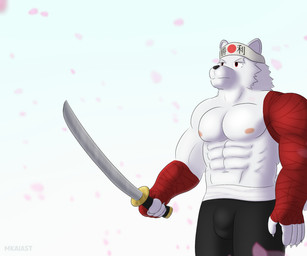accessory anthro bandage barazoku bottomwear bulge claws clothing eyebrows fluffy fur headband katana male melee_weapon muscular navel nipples pants petals red_eyes shirtless simple_background solo sword text weapon white_body white_fur mkaiast toshiro_(mkaiast) canid canine canis mammal wolf 6:5 hi_res japanese_text watermark