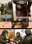 2014 3:4 abs anthro army biceps blush bottomwear bulge butt canid canine canis clothed clothing coal_(maririn) comic dialogue digital_media_(artwork) duo_focus english_text felid fur furgonomics group male male/male mammal maririn melanistic military mondo muscular pantherine pants pecs pictographics rear_view shirt tail tail_clothing text topwear walking wolf