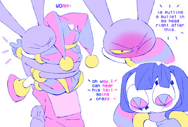 anthro black_eyes black_hair blue_clothing blue_eyes blue_gloves blue_handwear blush blush_stickers bodily_fluids clenched_teeth clothed clothing duo eyelashes eyes_closed fool's_hat fur gloves hair handwear hat headgear headwear jester jester_outfit long_ears multicolored_eyes overalls purple_body purple_ears purple_fur purple_tail red_clothing red_eyes red_gloves red_handwear scut_tail short_hair short_tail simple_background speech_bubble sweat sweatdrop tail tail_motion tailwag teeth text two_tone_eyes white_background yellow_clothing yellow_gloves yellow_handwear yellow_sclera yellow_teeth chergeegee glitch_productions the_amazing_digital_circus jax_(tadc) pomni_(tadc) humanoid lagomorph leporid mammal rabbit english_text hi_res