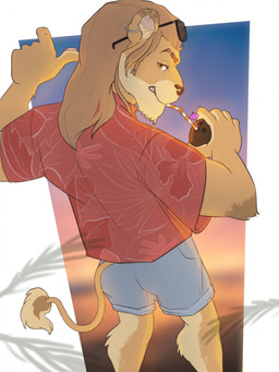 aloha_shirt anthro beverage blue_bottomwear blue_clothing blue_pants bottomwear clothing coconut coconut_drink drinking drupe_(fruit) eyewear eyewear_on_head food fruit gesture hand_gesture holding_object looking_at_viewer looking_back looking_back_at_viewer male pants pattern_clothing pattern_shirt pattern_topwear plant raised_finger raised_index_finger rear_view red_clothing red_shirt red_topwear shirt solo sunglasses sunglasses_on_head sunset topwear wearing_sunglasses ariin fan_character felid lion mammal pantherine 2023 hi_res