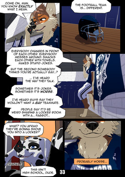 anthro blue_eyes brown_eyes clothed clothed_anthro clothed_male clothing college_student dialogue electronics floppy_ears football_gear football_helmet football_jersey football_player football_uniform fully_clothed fully_clothed_anthro fully_clothed_male fur leaning_on_wall locker_room male markings number_on_clothing number_on_jersey number_on_topwear number_print page_number phone phone_call shirt sitting speech_box speech_bubble spots spotted_body spotted_fur t-shirt topwear ariesartist college_football lucas_(ariesartist) matthew_(ariesartist) border_collie canid canine canis collie dalmatian domestic_dog herding_dog mammal pastoral_dog sheepdog 3d_(artwork) absurd_res comic digital_media_(artwork) hi_res