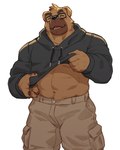 2023 4:5 abs aggretsuko anthro barazoku biped black_clothing black_hoodie black_topwear bottomwear brown_body brown_fur canid canine canis cargo_pants clothed clothing clothing_lift curtis_wuedti dokachin domestic_dog eyes_closed eyewear fur glasses head_tuft hi_res hoodie hoodie_lift humanoid_hands male mammal muscular muscular_anthro muscular_male pants pawpads sanrio simple_background solo topwear tuft