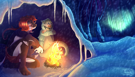 anthro aurora_(phenomenon) blood bodily_fluids bone campfire camping cave duo fire forest forest_background male nature nature_background open_wound plant snow snowfall snowstorm tree haruwaru fish humanoid marine 7:4 absurd_res full-length_portrait hi_res portrait