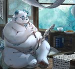 anthro balls belly big_belly book detailed_background eyewear flaccid fur genitals glasses inside kemono male moobs navel nipples overweight overweight_male penis solo white_body white_fur yuyuitudou bear mammal 2025 hi_res