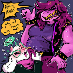 2_horns 5_fingers ambiguous_anthro ambiguous_gender anthro anthro_on_anthro belly black_clothing black_eyebrows black_fingernails black_nails black_text black_topwear black_vest blue_background blush blush_lines bodily_fluids bottomwear bracelet breasts bulge bulge_fondling bulge_nuzzling claws clothed clothed_ambiguous clothed_anthro clothed_gynomorph clothing color_coded color_coded_speech_bubble colored_nails detailed_bulge dialogue duo erection erection_under_clothing eyebrows eyes_closed eyewear finger_claws fingernails fingers floppy_ears fur genital_fluids glasses green_clothing green_eyewear green_glasses green_topwear gynomorph gynomorph/ambiguous gynomorph_anthro hair heart_symbol hearts_around_head horn humanoid_hands inner_monologue intersex intersex/ambiguous intersex_anthro interspecies jewelry lips long_hair medium_breasts moan multicolored_clothing multicolored_topwear nails nipple_outline nuzzling open_clothing open_mouth open_topwear open_vest owo pants pink_claws pink_horn pink_lips pink_nose pink_scarf pink_tongue precum purple_body purple_bottomwear purple_clothing purple_hair purple_pants purple_scales purple_shirt purple_tongue purple_topwear scales scarf sharp_teeth shirt short_horn simple_background small_horn snout speech_bubble spiked_bracelet spikes teeth text thinking thought_bubble tongue topwear two_tone_clothing two_tone_topwear vest white_body white_ears white_fur yellow_teeth currentlytr_ash deltarune owo_whats_this undertale_(series) ralsei susie_(deltarune) bovid caprine mammal reptile scalie 2025 absurd_res english_text hi_res meme male_(lore)