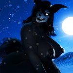 anthro areola big_breasts black_body black_hair bone breasts female hair moon nipples nude one_eye_obstructed outside skull skull_head snow snowing solo tail white_eyes zacharyaurelius scp_foundation scp-1471-a scp-1471-a_(scrag) canid canine malo mammal 1:1 absurd_res hi_res