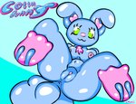 anus blue_body breasts clothing female footwear genitals glistening glistening_body green_eyes pussy simple_background socks solo smurli cotton_bunny_(smurli) lagomorph leporid mammal rabbit