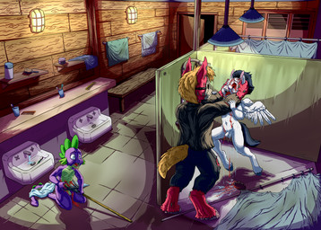 adolescent adult_on_adolescent age_difference anthro balls bathroom blood blood_from_eye blood_from_mouth blood_from_wound blood_in_mouth bodily_fluids bottomwear clothed clothing crush detailed_background dying eyes_popping_out feathered_wings feathers flaccid foreskin fur genitals gore gore_focus group hair head_crush hockey_mask holding_another holidays hooves humanoid_genitalia humanoid_penis impalement killing kneeling male mask melee_weapon navel nude open_mouth pants partially_retracted_foreskin penis pitchfork public_restroom shirt snuff sports_mask sportswear standing tail teeth tools topwear towel trio water weapon wet wet_body wet_fur wings wounded young young_anthro young_male zooshi friday_the_13th_(series) friendship_is_magic halloween hasbro my_little_pony mythology big_macintosh_(mlp) jason_voorhees spike_(mlp) dragon earth_pony equid equine horse mammal mythological_creature mythological_equine mythological_scalie pegasus pony scalie absurd_res crossover digital_media_(artwork) hi_res