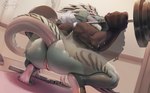 4_arms 4_eyes anthro anus barefoot big_butt butt crouching detailed_background feet female genitals grey_hair hair huge_butt looking_back multi_arm multi_eye multi_limb muscular muscular_female nude pussy rear_view red_eyes scales solo tail thick_thighs kalivero scalie