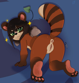 4_toes 5_fingers anthro anus black_hair black_nose breasts brown_body brown_fur butt circle_eyebrows claws colored_sclera dipstick_tail eyebrows facial_markings feet female fingers fluffy fluffy_tail fur green_eyes green_sclera hair head_markings leaf leaf_in_hair looking_at_viewer looking_back looking_back_at_viewer markings mask_(marking) motion_lines pawpads paws pigtails pink_inner_ear pink_paws pink_vulva plantigrade plantigrade_pawpads plump_labia puffy_anus round_ears shaking_butt small_breasts smug smug_expression smug_face smug_grin solo sparkles striped_markings striped_tail stripes tail tail_markings tanuki_leaf toe_claws toes vulva young young_anthro young_female e-01 naomi_(kazukio) canid canine mammal raccoon_dog tanuki hi_res