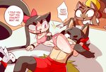 anthro blush bodily_fluids breasts clothed clothing dominant dominant_female female group leg_wrap male male/female off_shoulder sweat text underwear wrestling lucyfercomic xingzuo_temple baozi_(diives) gaghiel zhenzi_(diives) canid canine canis domestic_dog mammal 2020 absurd_res english_text hi_res