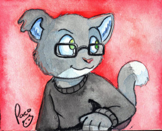 anthro clothed clothing dipstick_tail eyewear front_view fur glasses green_eyes grey_body grey_clothing grey_fur grey_tail grey_topwear logo male male_anthro markings mouth_closed rectangular_glasses red_background red_nose simple_background solo tail tail_markings topwear torn_ear white_body white_fur white_tail young young_anthro young_male pandapaco felid mammal artist_logo bust_portrait portrait signature