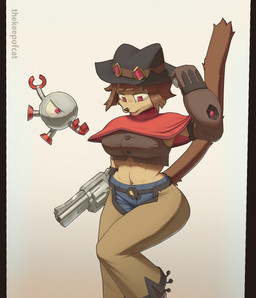 annoyed anthro armwear belly belt bent_arm bent_leg big_breasts blue_bottomwear blue_clothing blue_jeans blue_pants bottomwear breasts brown_hair claws clothed clothed_anthro clothed_female clothing collared_shirt cowboy_hat cowgirl_outfit crop_top curvy_figure denim denim_bottomwear denim_clothing dress_shirt duo falling female finger_claws fur gloves gold_(metal) gun gun_arm hair handgun handwear hat headgear headwear holding_clothing holding_hat holding_headgear holding_headwear holding_object hourglass_figure jeans long_tail looking_at_another looking_down machine male metal open_mouth pants poncho purple_eyes raised_arm raised_tail ranged_weapon red_clothing revolver robotic_arms shirt short_hair simple_background star_symbol tail tan_body tan_fur teeth tongue topwear weapon weapon_arm whiskers wide_hips thekeepofcat gameoverse glitch_productions kaboodle_(gameoverse) kit_bodega cyclops domestic_cat felid feline felis mammal robot absurd_res hi_res