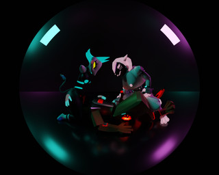 anthro cable_tail female group machine male male/female trio retro_warmachine voidwillow_(modeler) deltarune undertale_(series) catalina_(retro_warmachine) firecracker_(retro_warmachine) tasque_manager canid canine darkner felid feline mammal protogen robot 3d_(artwork) 5:4 blender_(artwork) digital_media_(artwork) hi_res
