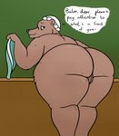 anthro bear big_butt brown_body brown_fur butt cellulite classroom clothed clothing digital_media_(artwork) disney elderly_female english_text female fur genitals hi_res looking_at_viewer looking_back mammal mature_anthro mature_female mrs._morrissey name_drop nude old overweight overweight_anthro overweight_female oystercatcher7 pubes pussy school simple_background smile solo talespin teacher text thick_thighs wide_hips