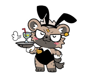 alcohol anthro beverage blush brown_body brown_fur bunny_costume chibi clothed clothing cocktail costume ear_piercing fake_ears fake_rabbit_ears female flat_chested fully_clothed fur fur_markings grey_hair hair inner_ear_fluff latex leotard markings name_tag piercing serving_tray simple_background smug solo strapless_clothing strapless_leotard text tuft white_background fang_honebuchi_(artist) vtuber fang_honebuchi hyena mammal 2023 digital_media_(artwork) hi_res translated