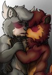 abs anthro antlers biceps black_hands black_inner_ear_fluff blush blush_lines bodily_fluids brown_body brown_fur brown_hair chest_tuft duo eyebrows eyes_closed french_kissing fur grey_background grey_body grey_fur grey_hair hair hand_on_partner's_chest hand_on_partner's_hip holding_partner's_arm horn inner_ear_fluff kissing male male/male multicolored_body multicolored_fur multicolored_tail muscular muscular_anthro muscular_male neck_tuft nude saliva side_view simple_background size_difference tail triceps tuft white_background rjquaty joaquin_quaty luster_(lusterflix) deer hybrid mammal moose new_world_deer procyonid raccoon