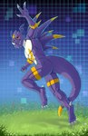 anthro facial_horn feet gesture horn looking_back male muscular muscular_male nose_horn nude purple_body purple_skin smile solo stripes tail talons thick_tail toes tusks waving waving_at_viewer chromakoros bandai_namco digimon dragoneer_(character) absurd_res hi_res in_memoriam