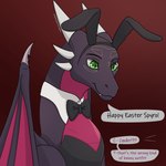 bow_tie bunny_costume clothing costume dialogue duo female feral horn male multi_horn simple_background speech_bubble text wings apollyondragon activision mythology spyro_the_dragon the_legend_of_spyro cynder dragon mythological_creature mythological_scalie scalie hi_res signature