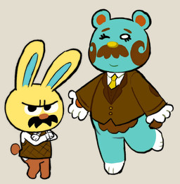 accessory anthro blue_body chibi clothing duo facial_hair male male/male mustache necktie one_eye_closed shirt simple_background slightly_chubby topwear wink yellow_body cubert animal_crossing nintendo beardo_(animal_crossing) gaston_(animal_crossing) bear lagomorph leporid mammal rabbit 2020 hi_res