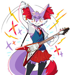 ambiguous_gender anthro blush bottomwear clothed clothing dipstick_tail electric_guitar fur guitar head_tuft inner_ear_fluff markings musical_instrument plucked_string_instrument purple_body purple_fur red_eyes skirt solo string_instrument tail tail_markings tuft blushily nintendo pokemon braixen generation_6_pokemon pokemon_(species) shiny_pokemon