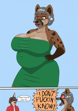angry anthro big_breasts black_hair breasts brown_body brown_eyes brown_fur clothed clothing cutaway dialogue dress duo ear_piercing elderly_female female fur green_clothing green_dress grey_hair hair hand_on_hip huge_breasts makeup male piercing pregnant profanity speech_bubble text skueeeakerz alex_hawthorne_(skueeeakerz) elizabeth_sinclair_(skueeeakerz) hyena lagomorph leporid mammal rabbit spotted_hyena comic english_text hi_res