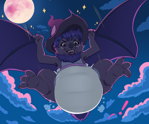 3_toes anthro big_diaper chest_tuft claws clothed clothing descending diaper exclamation_point feet female first_person_view hair hat headgear headwear looking_down magic_user moon night open_mouth purple_body purple_hair sky skyscape solo tail teeth toes tuft wearing_diaper winged_arms wings witch witch_hat bunnykisses aurora_the_bat bat mammal hi_res