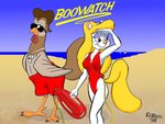 4_fingers anthro asphyxiation beach breasts brown_eyes bubble cleavage clothed clothing drowning duo_focus eyewear female fingers group lifeguard male one-piece_swimsuit parody rescue_buoy sand searching seaside sunglasses swimwear whistle_(object) el_rico animaniacs baywatch warner_brothers chicken_boo minerva_mink avian bird chicken galliform gallus_(genus) mammal mink mustelid musteline phasianid true_musteline 1995 4:3 signature