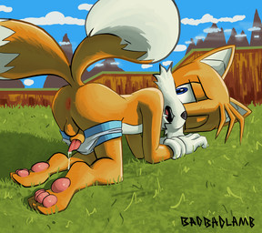2_tails 4_toes all_fours animal_genitalia anthro anus balls barefoot black_nose black_text blue_eyes blue_sky bodily_fluids cheek_tuft clothed clothed_anthro clothed_male clothing cloud countershade_face countershade_fur countershade_torso countershading day dipstick_tail dripping facial_tuft feet fingers fur genital_fluids genitals gloves grass handwear head_tuft hindpaw lipsticking looking_back male male_anthro markings mountain multi_tail multicolored_body multicolored_fur on_grass on_ground one_eye_closed open_mouth outside partially_clothed partially_clothed_anthro partially_clothed_male pawpads paws penis penis_backwards penis_tip pink_anus pink_pawpads pink_penis pink_tongue plant precum precum_drip pupils raised_tail sheath sky slim slim_anthro slim_male solo tail tail_markings teeth text toes tongue topless topless_anthro topless_male tuft two_tone_body two_tone_fur underwear underwear_down white_body white_clothing white_countershading white_fur white_gloves white_handwear white_inner_ear white_markings white_sclera white_tail_tip white_tuft yellow_body yellow_fur yellow_tuft young young_anthro young_male badbadlamb sega sonic_the_hedgehog_(series) miles_prower canid canine fox mammal artist_name full-length_portrait hi_res portrait shaded