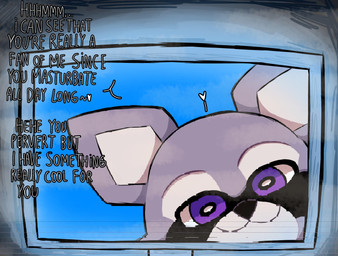 anthro dialogue facial_markings fur grey_body grey_fur head_markings looking_at_viewer male markings mask_(marking) purple_eyes screen smile solo text lolbear_9 indigo_park rambley_raccoon digital_creature mammal procyonid raccoon english_text hi_res