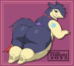 anthro big_butt butt grey_eyes looking_at_viewer looking_back lying male nude on_front rear_view simple_background solo tail tattoo wide_hips wolfe_fubuki nintendo pokemon generation_2_pokemon generation_8_pokemon hisuian_form hisuian_typhlosion pokemon_(species) regional_form_(pokemon) typhlosion cel_shading hi_res shaded