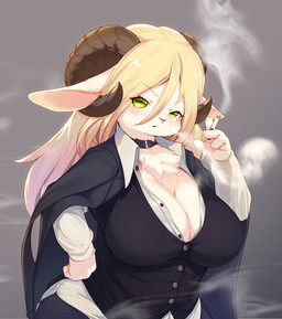 4_fingers anthro big_breasts black_clothing black_topwear black_vest blonde_hair blush bottomwear breasts chest_tuft cigarette cleavage clothed clothing collar collared_shirt curved_horn dress_shirt eyelashes female fingers fully_clothed fur green_eyes grey_background hair hand_on_hip holding_cigarette holding_object horizontal_pupils horn jacket kemono long_ears long_hair looking_at_viewer multicolored_hair pupils shirt simple_background smoke smoking solo standing topwear tuft two_tone_hair vest white_body white_fur white_hair whooo-ya bovid caprine mammal absurd_res digital_media_(artwork) half-length_portrait hi_res portrait shaded