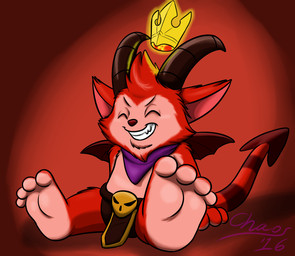 2_horns 4_toes anthro cheek_tuft crown eyes_closed facial_tuft feet fur fur_tuft headgear horn kerchief male neckerchief neckwear purple_kerchief purple_neckerchief red_body red_fur red_nose sitting smile soles solo spade_tail tail teasing teasing_viewer teasing_with_feet teeth toes tuft wings chaos99 league_of_legends riot_games tencent devil_teemo_(lol) teemo_(lol) demon yordle
