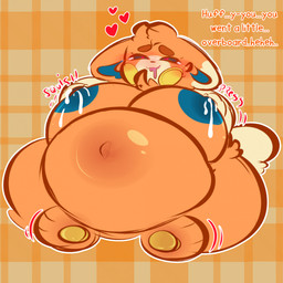 anthro big_breasts bloated blush bodily_fluids breast_squish breasts cum cum_inflation cum_inside drooling female genital_fluids heart_pupils implied_pregnancy inflation lactating milk pawpads paws saliva solo squish conditional_dnp tuvandalist nintendo pokemon pomelo_(tuvandalist) generation_9_pokemon pawmi pokemon_(species) 1:1 hi_res
