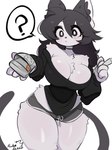 anthro big_breasts black_hair black_nose bottomwear breasts chest_tuft choker cigarette cleavage clothed clothed_female clothing dolphin_shorts eyelashes female female_anthro fully_clothed fur hair jewelry long_hair looking_at_viewer necklace no_underwear question_mark solo speech_bubble sweater thick_thighs topwear tuft white_body white_fur makonekko mako_(makonekko) domestic_cat felid feline felis mammal 2025 digital_drawing_(artwork) digital_media_(artwork) hi_res signature