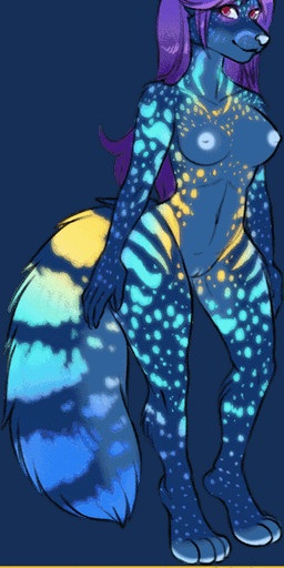 animated_gif anthro black_body black_fur blonde_hair blue_body blue_fur breasts female fur genitals green_eyes hair nipples purple_hair red_eyes simple_background solo transparent_background vulva unknown_artist felid mammal alpha_channel animated short_playtime slideshow source_request