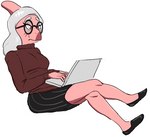 anthro bone_frill bottomwear breasts clothing computer electronics eyewear facial_markings female footwear frill_(anatomy) glasses grey_hair hair head_crest head_frill head_markings laptop long_hair markings narrowed_eyes pink_body pink_scales plantigrade red_body red_eyes red_scales scales shoes simple_background sitting skirt snout solo sweater tailless topwear cavemanon third-party_edit cavemanon_studios snoot_game theresa_(snoot_game) dinosaur hadrosaurid ornithischian ornithopod parasaurolophus prehistoric_species reptile scalie